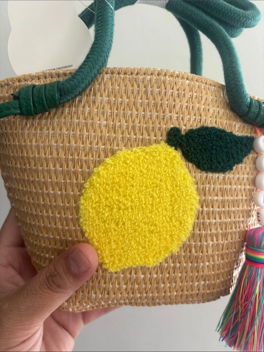 wonder nation Straw Tote with Yellow Lemon Applique and Dark Green Handles